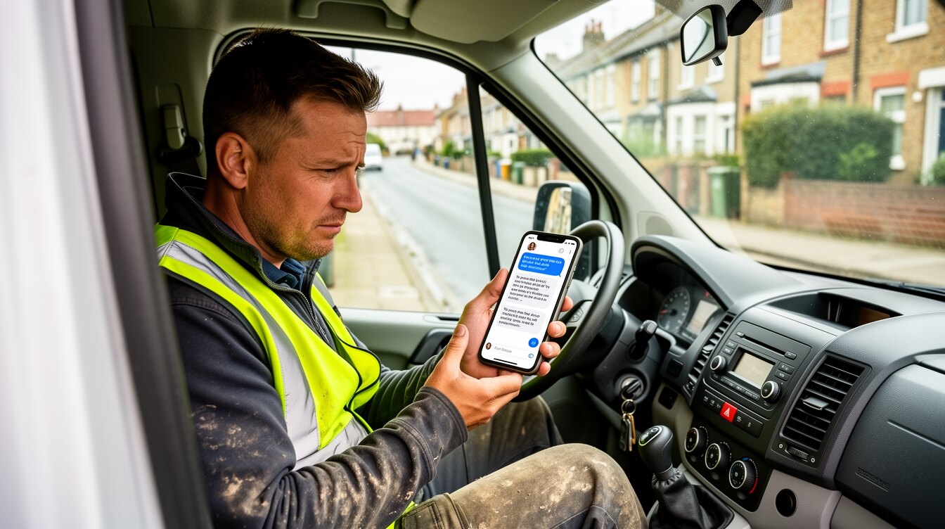 A British tradesman looking at an AI assistant on his phone in a work van