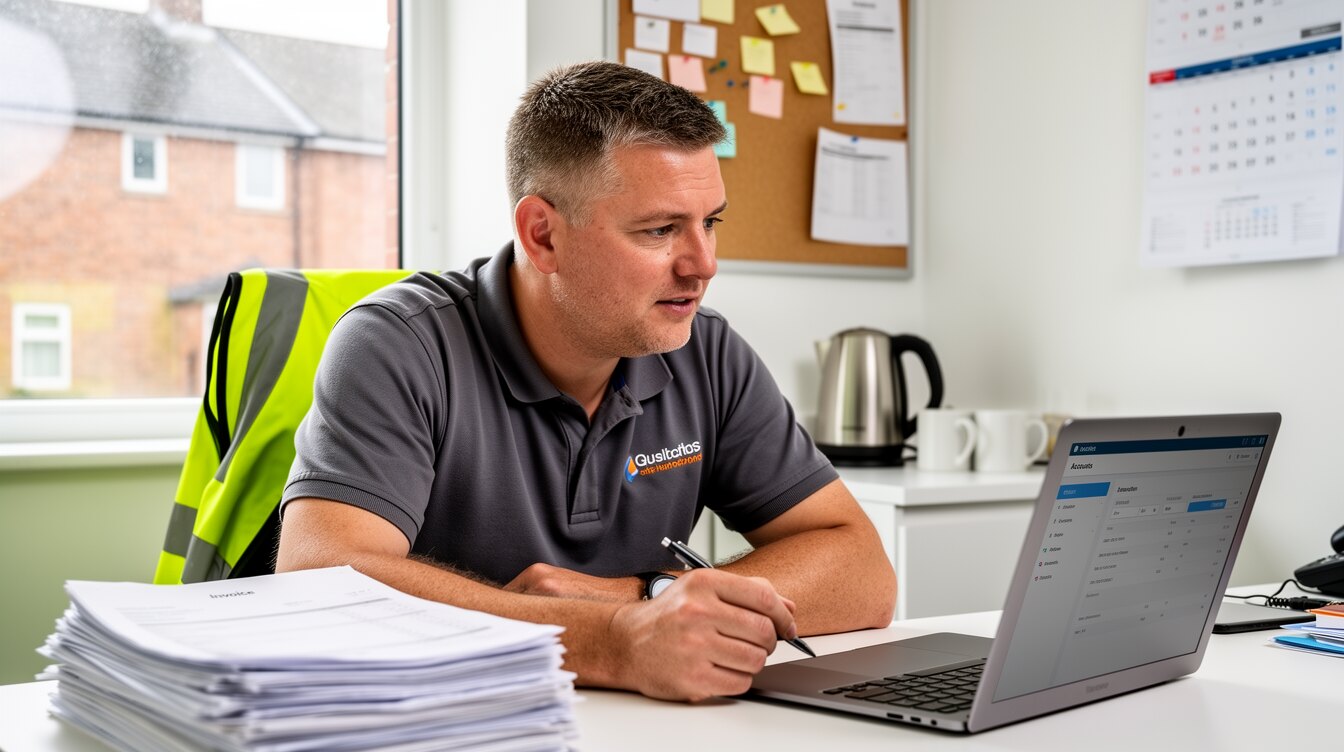 A British tradesman weighing up a laptop and a stack of invoices