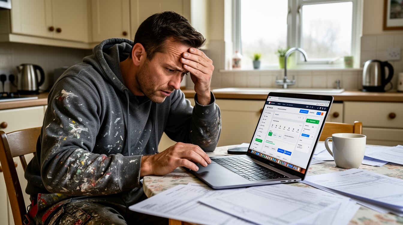 A British tradesman struggling to build a website on a laptop