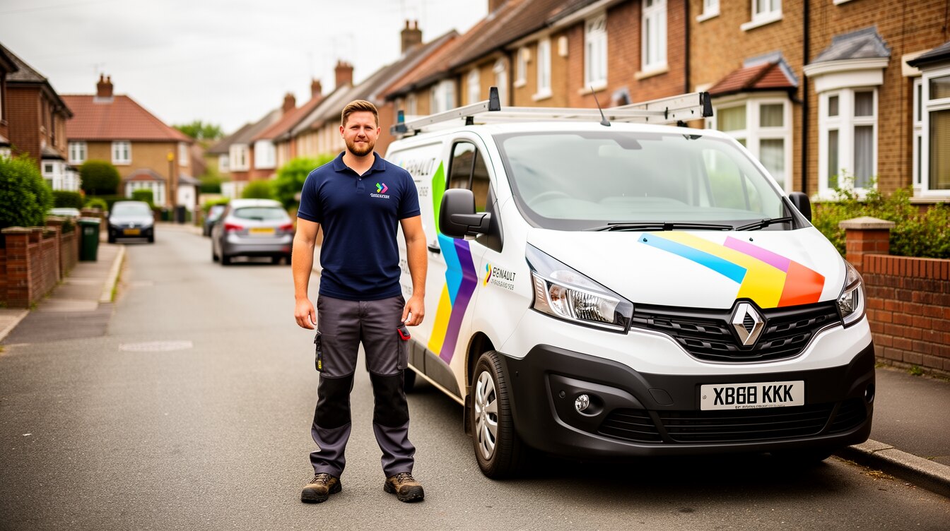 A British tradesman in a branded polo shirt standing beside a sign-written work van on a UK street