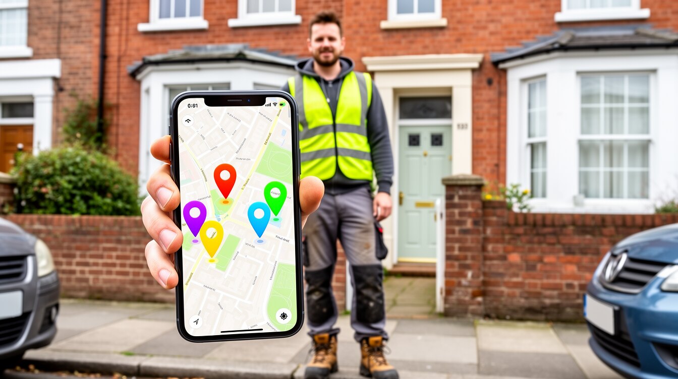 A British tradesman holding a smartphone showing a local map with location pins