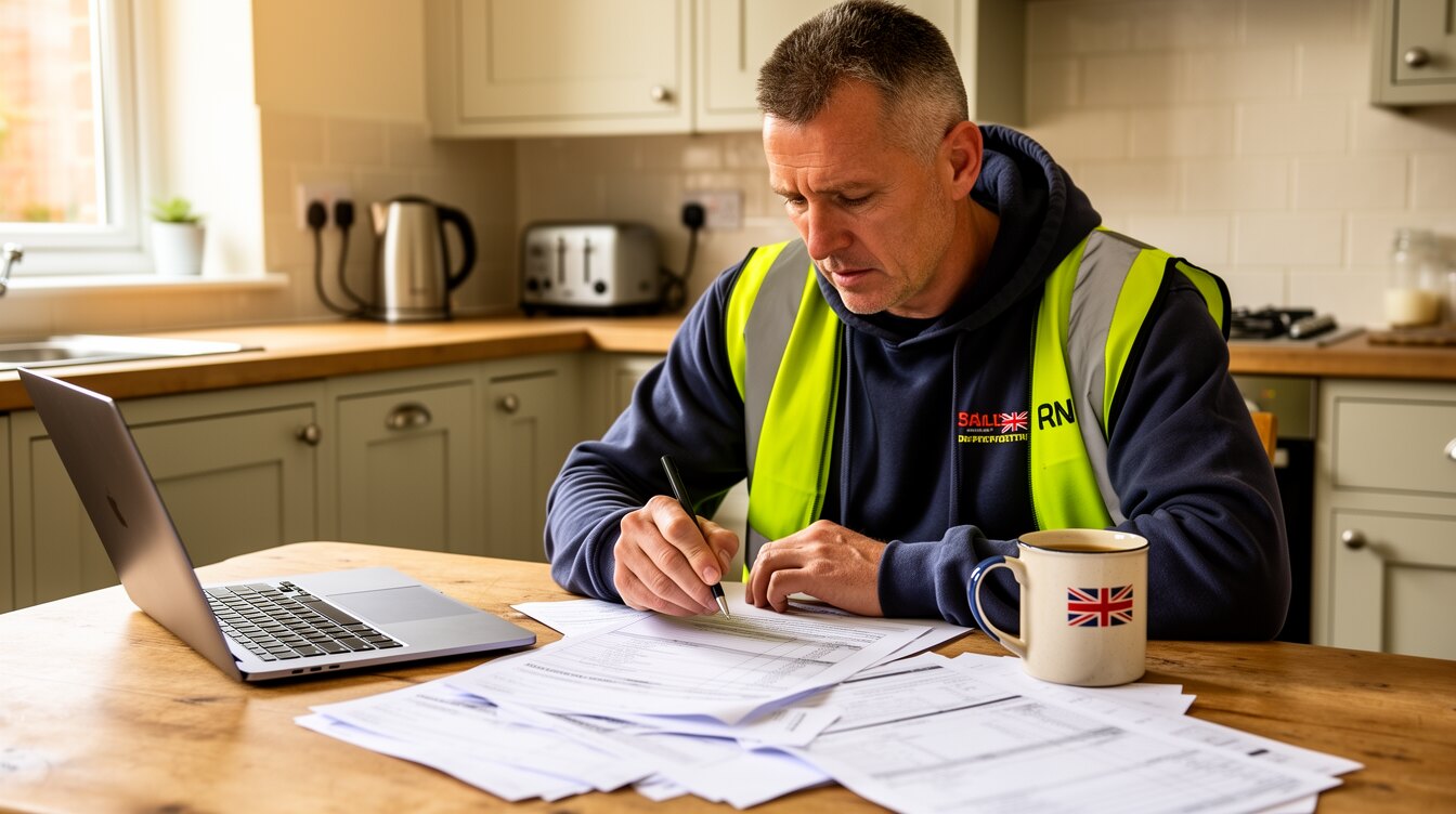 A British tradesman at a kitchen table with a laptop and paperwork reviewing costs