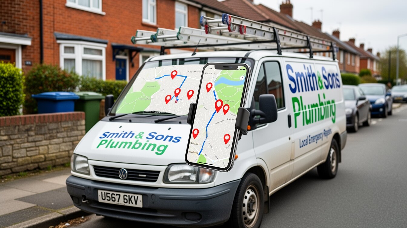 A tradesman's van with a phone showing a local map with pins