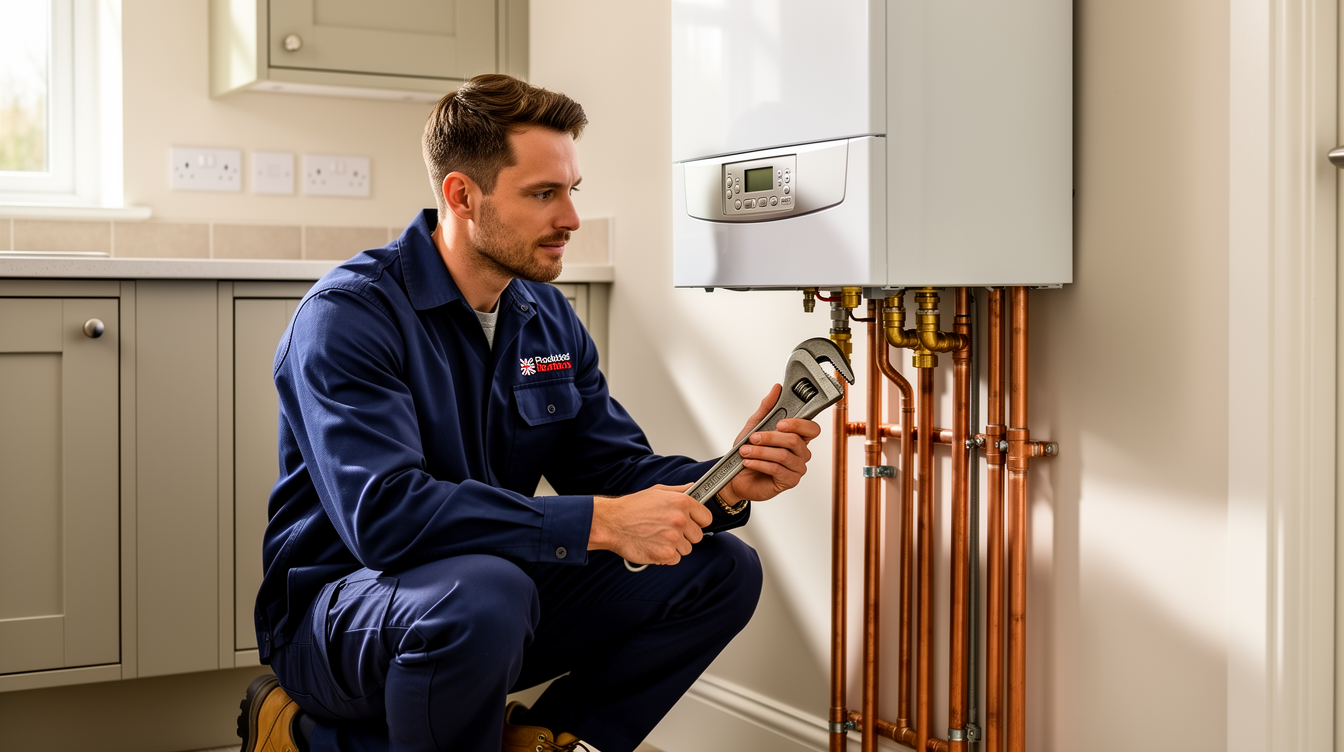 A British plumber working on a boiler in a UK home