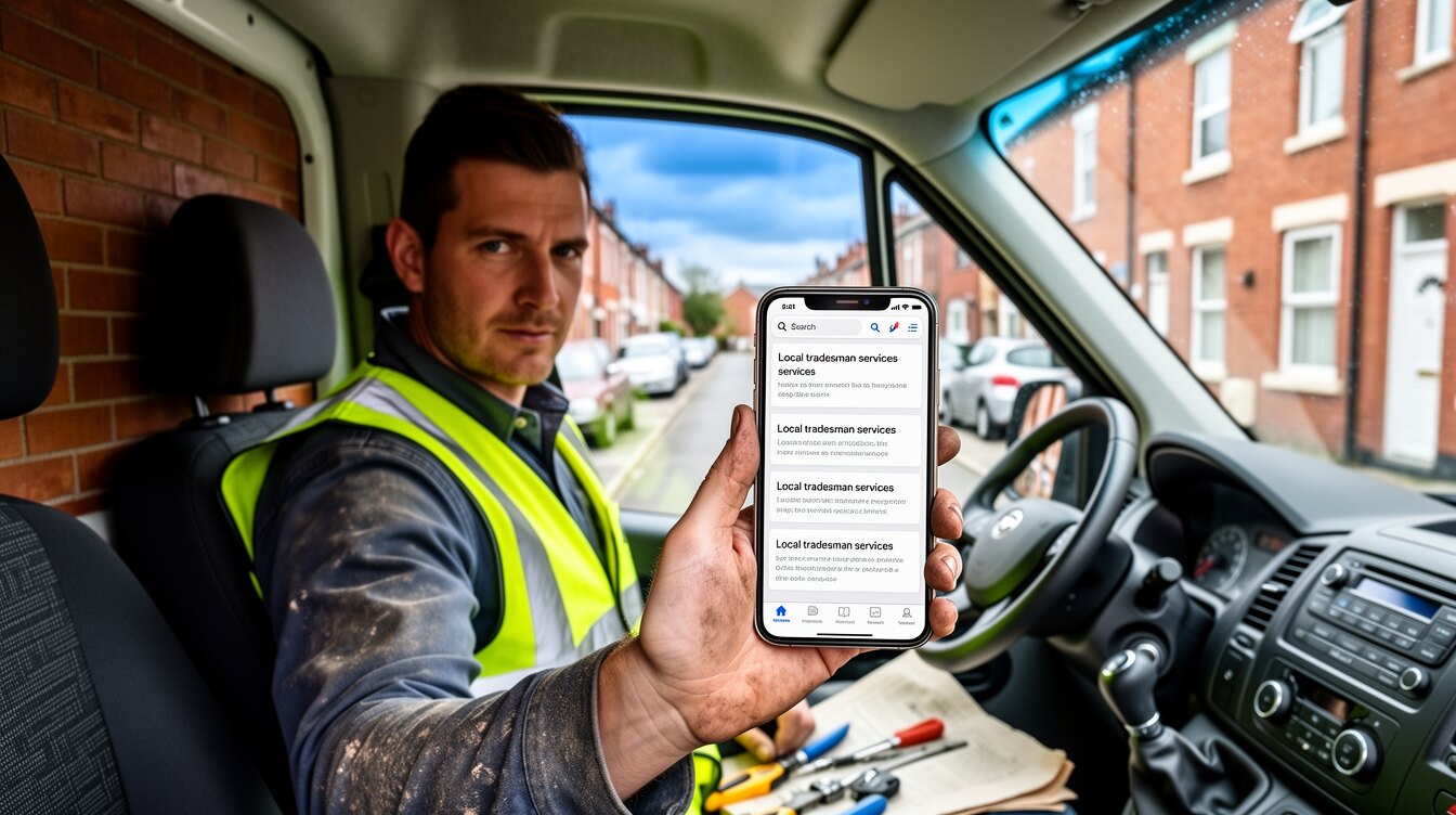A British tradesman in a work van checking a smartphone showing search results