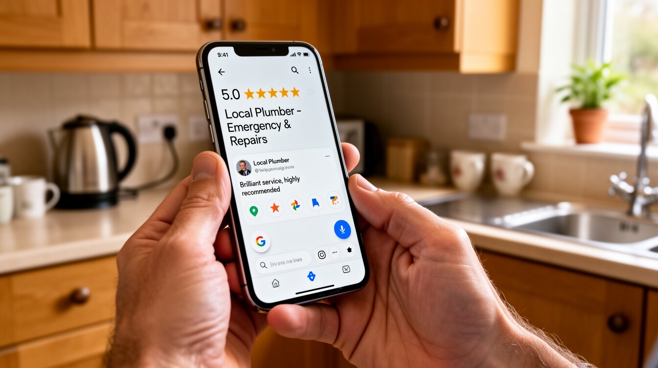 A British homeowner checking a tradesman's star reviews on a phone