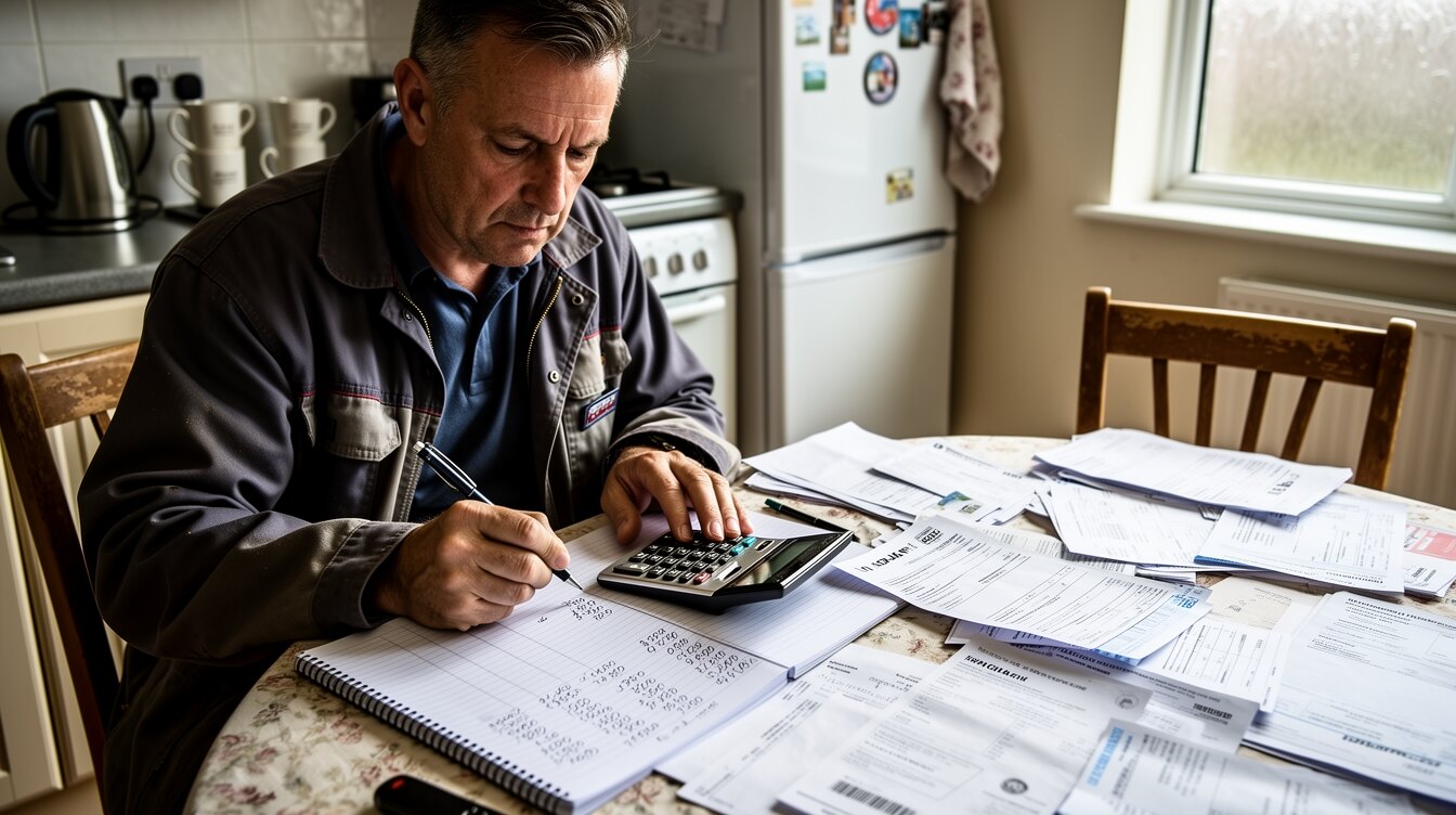 A British tradesman working out website costs with a calculator