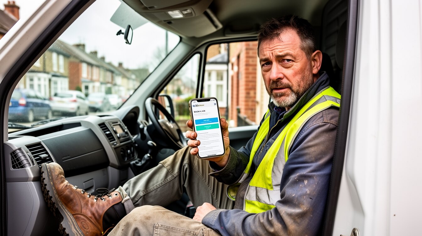 A British tradesman checking a website that does not fit the screen on a phone