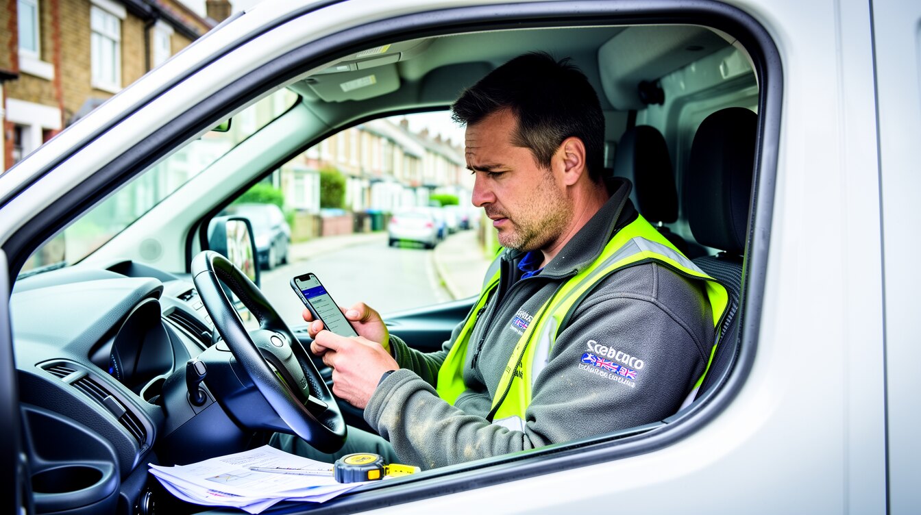 A British tradesman in his van checking his business website on a phone