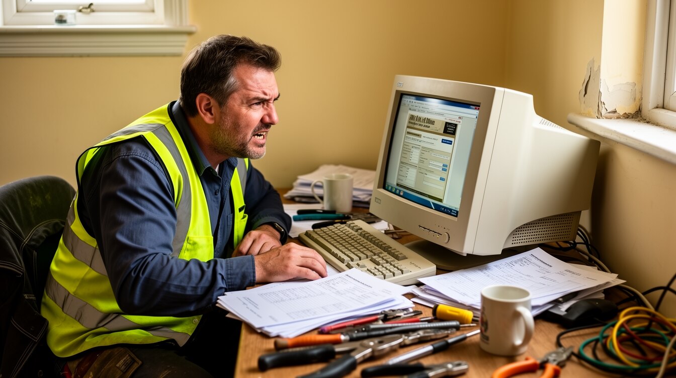 A British tradesman looking at an outdated website on an old computer