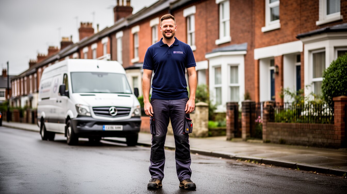 A British tradesman standing in front of a row of UK terraced houses