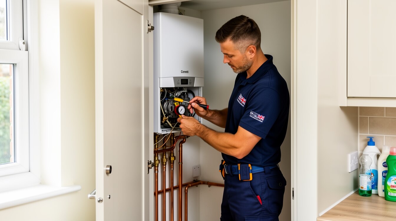 A British heating engineer servicing a wall-mounted combi boiler in a UK utility cupboard