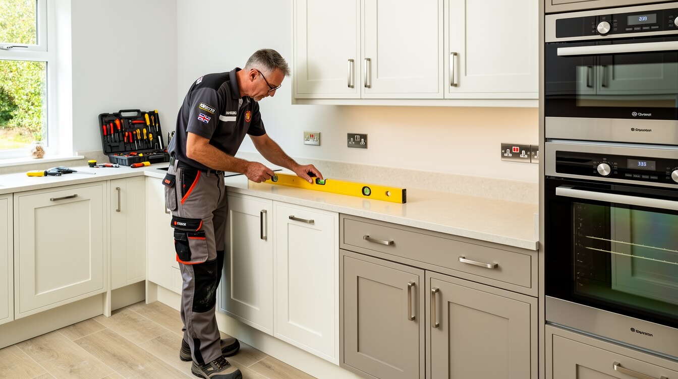 A British kitchen fitter installing shaker cabinets and worktop in a contemporary UK kitchen