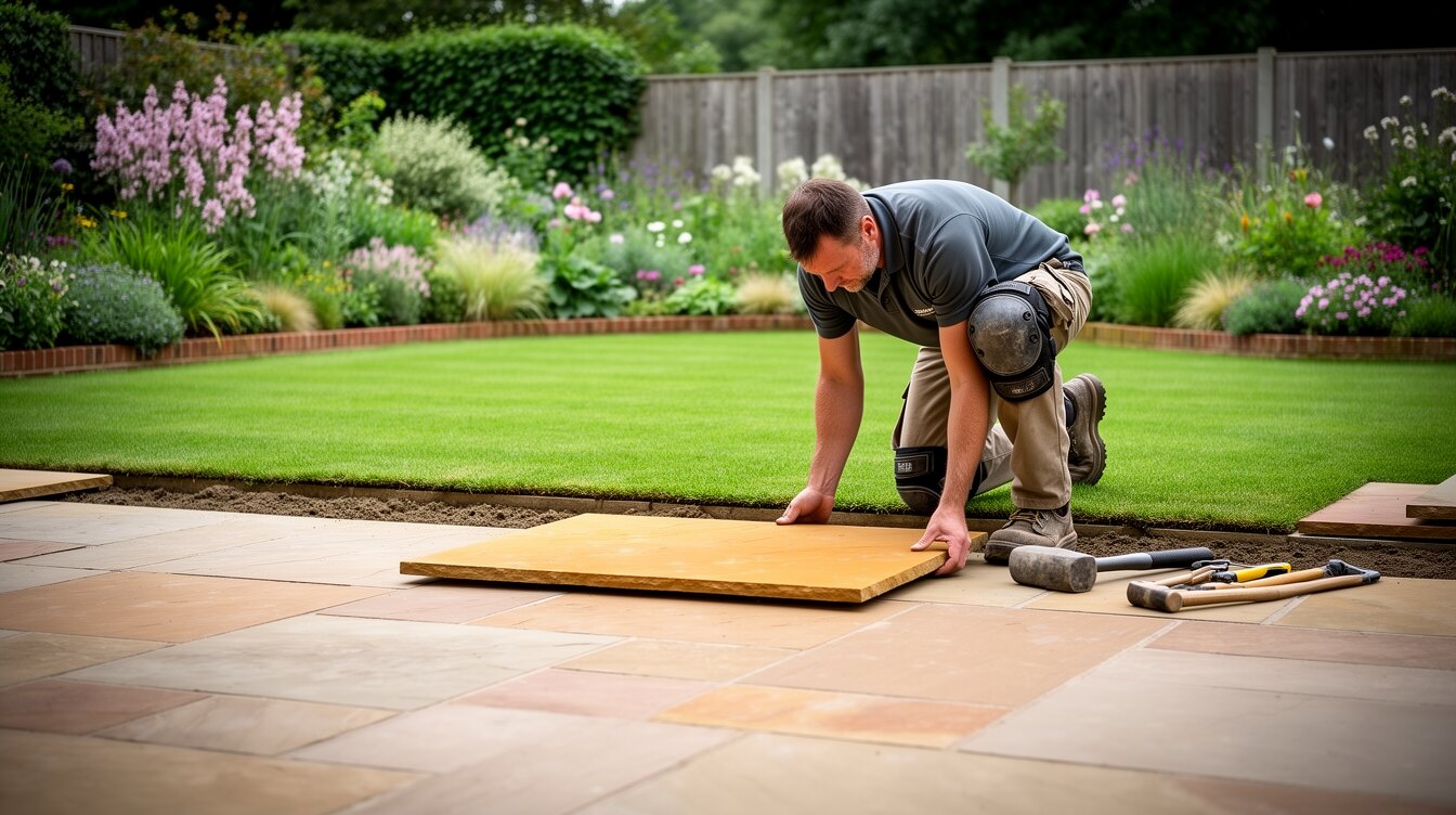 A British landscaper laying a York stone patio in a well-kept English garden