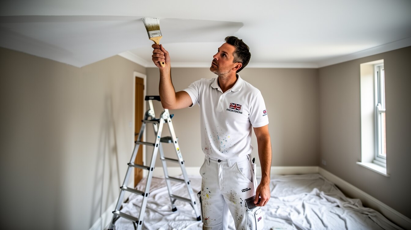 A British painter and decorator cutting in white emulsion along a ceiling line in a UK living room