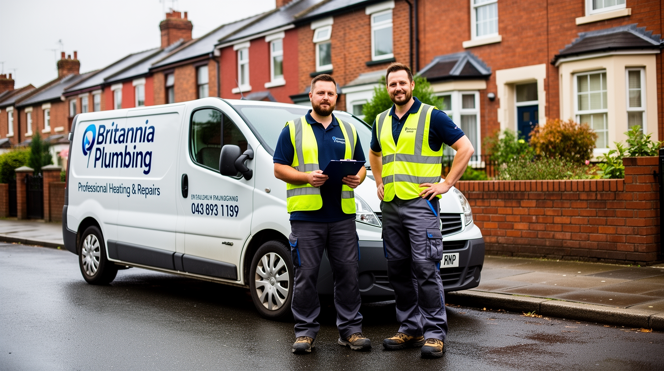 Two British tradesmen beside a sign-written work van